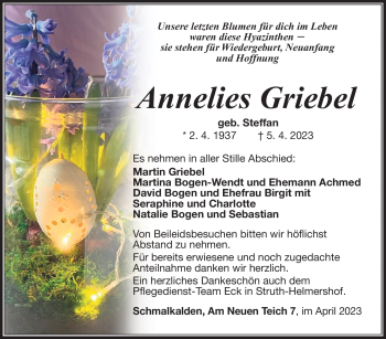 Traueranzeige von Annelies Griebel von Südthüringer Presse