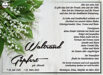 Traueranzeige von Waltraud Göpfert von Südthüringer Presse