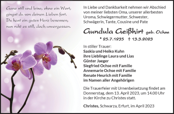 Traueranzeige von Gundula Geißhirt von Südthüringer Presse