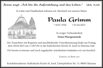 Traueranzeige von Paula Grimm von Südthüringer Presse