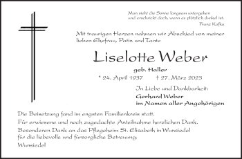 Traueranzeige von Liselotte Weber von Frankenpost