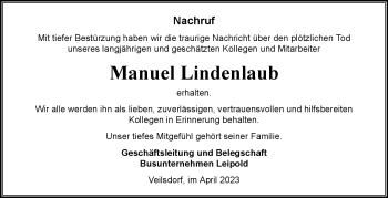 Traueranzeige von Manuel Lindenlaub von Südthüringer Presse