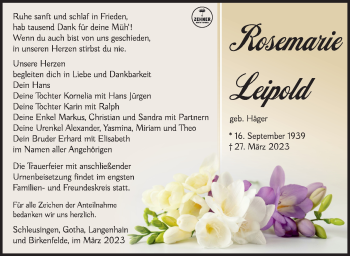Traueranzeige von Rosemarie Leipold von Südthüringer Presse