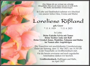Traueranzeige von Loreliese Rißland von Südthüringer Presse
