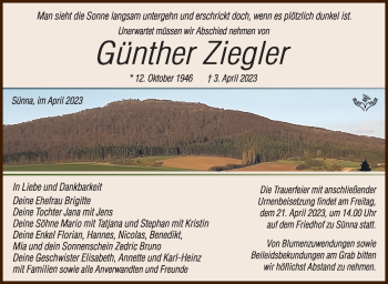 Traueranzeige von Günther Ziegler von Südthüringer Presse