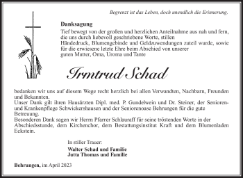 Traueranzeige von Irmtrud Schad von Südthüringer Presse