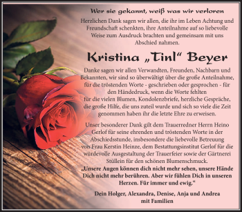 Traueranzeige von Kristina Beyer von Südthüringer Presse
