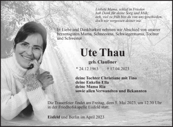 Traueranzeige von Ute Thau von Südthüringer Presse