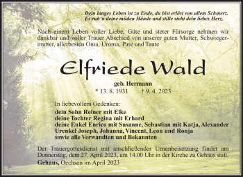 Traueranzeige von Elfriede Wald von Südthüringer Presse
