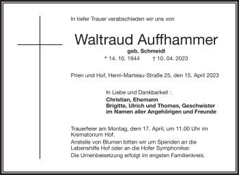 Traueranzeige von Waltraud Auffhammer von Frankenpost