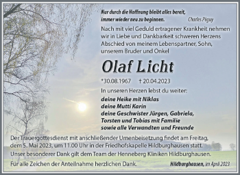 Traueranzeige von Olaf Licht von Südthüringer Presse