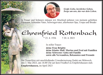 Traueranzeige von Ehrenfried Rottenbach von Südthüringer Presse