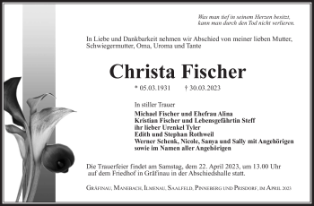 Traueranzeige von Christa Fischer von Südthüringer Presse