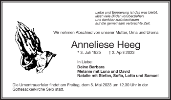 Traueranzeige von Anneliese Heeg von Frankenpost