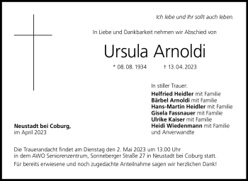 Traueranzeige von Ursula Arnoldi von Neue Presse Coburg