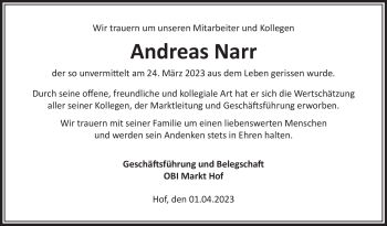 Traueranzeige von Andreas Nar von Frankenpost