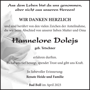 Traueranzeige von Hannelore Dolejs von Südthüringer Presse