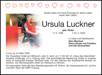 Traueranzeige von Ursula Luckner von Neue Presse Coburg