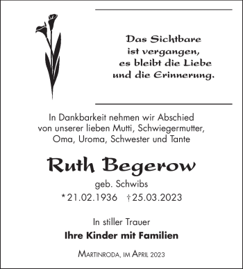 Traueranzeige von Ruth Begerow von Südthüringer Presse