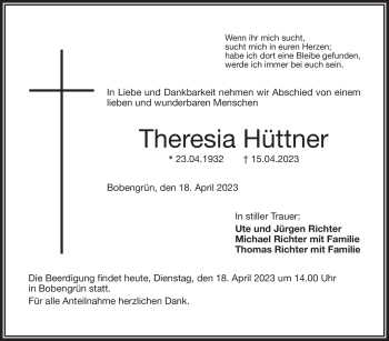 Traueranzeige von Theresia Hüttner von Frankenpost