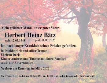 Traueranzeige von Heinz Herbert Bätz von Südthüringer Presse