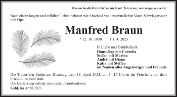Traueranzeige von Manfred Braun von Südthüringer Presse