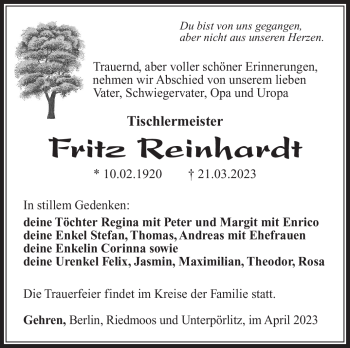 Traueranzeige von Fritz Reinhardt von Südthüringer Presse
