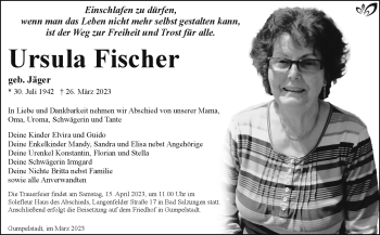Traueranzeige von Ursula Fischer von Südthüringer Presse