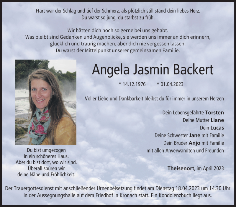  Traueranzeige für Angela Jasmin Backert vom 13.04.2023 aus Neue Presse Coburg