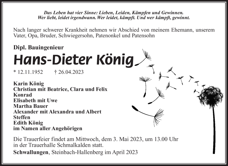  Traueranzeige für Hans-Dieter König vom 29.04.2023 aus Südthüringer Presse