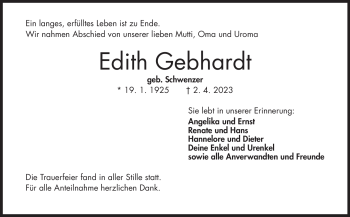 Traueranzeige von Edith Gebhardt von Frankenpost