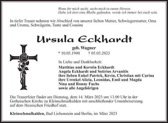 Traueranzeige von Ursula Eckhardt von Südthüringer Presse
