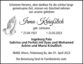 Traueranzeige von Irma Kräußlich von Neue Presse Coburg