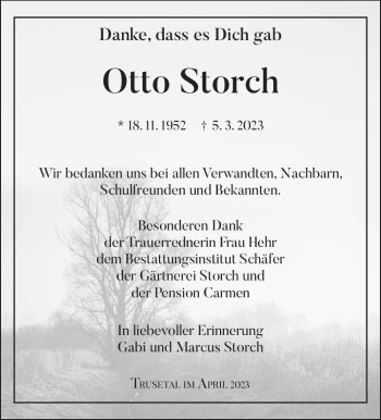 Traueranzeige von Otto Storch von Südthüringer Presse