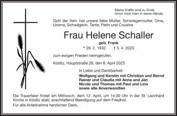 Traueranzeige von Helene Schaller von Frankenpost
