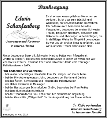 Traueranzeige von Edwin Scharfenberg von Südthüringer Presse