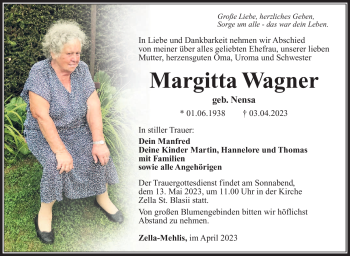 Traueranzeige von Margitta Wagner von Südthüringer Presse