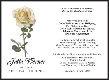 Traueranzeige von Jutta Werner von Südthüringer Presse