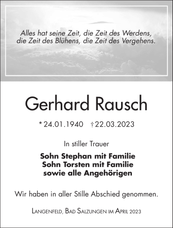 Traueranzeige von Gerhard Rausch von Südthüringer Presse