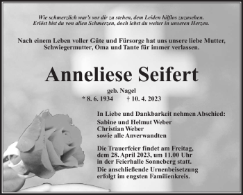 Traueranzeige von Anneliese Seifert von Südthüringer Presse