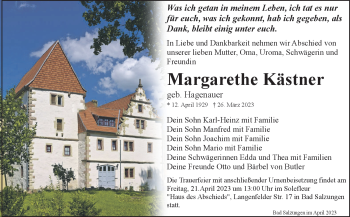 Traueranzeige von Margarethe Kästner von Südthüringer Presse