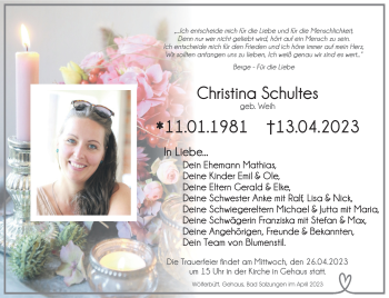 Traueranzeige von Christina Schultes von Südthüringer Presse