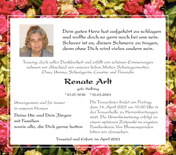 Traueranzeige von Renate Arlt von Südthüringer Presse