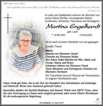 Traueranzeige von Martina Engelhardt von Südthüringer Presse