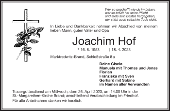 Traueranzeige von Joachim Hof von Frankenpost