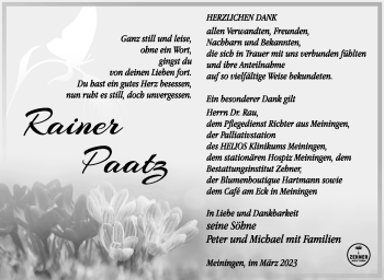 Traueranzeige von Rainer Paatz von Südthüringer Presse