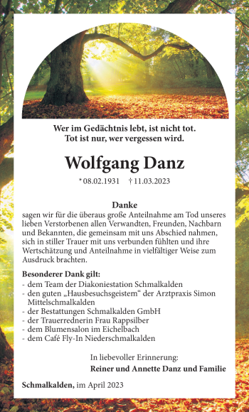 Traueranzeige von Wolfgang Danz von Südthüringer Presse