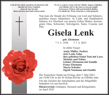 Traueranzeige von Gisela Lenk von Südthüringer Presse