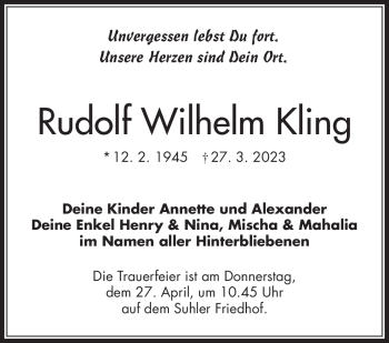 Traueranzeige von Rudolf Wilhelm Kling von Südthüringer Presse