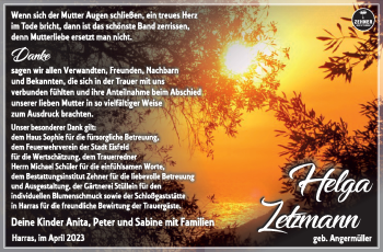 Traueranzeige von Helga Zetzmann von Südthüringer Presse